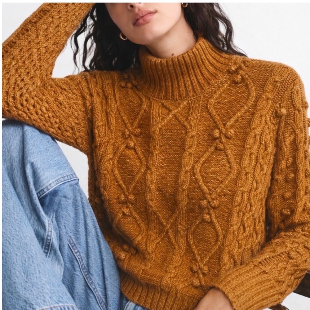 Cupcakes and Cashmere Mustard Yellow/Brown Mock Neck Cable Knit Sweater